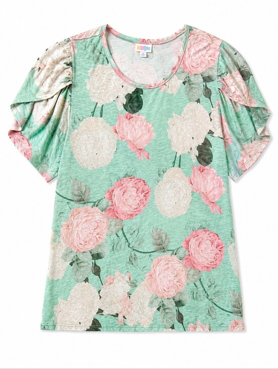 LuLaRoe Tops - LuLaRoe Olive Top Mint Green Pink Floral Tulip Sleeve Hi-Low Boho Flowy Size XL